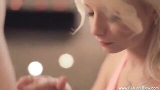A sexy blonde woman had a blowjob in the studio