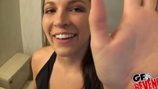 A beautiful woman has a quick sex in the bathroom, showcasing her daring side
