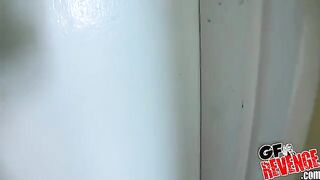 A beautiful woman has a quick sex in the bathroom, showcasing her daring side