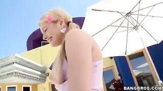 A blonde girl is sucking a long dick in POV style