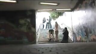 The diluted woman is roughly fucked on the transition in public