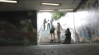The diluted woman is roughly fucked on the transition in public