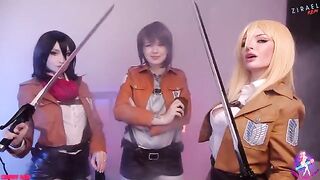 Cosplay threesome with wet pussies and close-up action