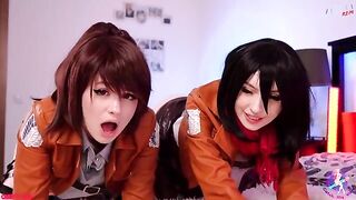 Cosplay threesome with wet pussies and close-up action