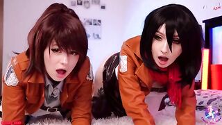 Cosplay threesome with wet pussies and close-up action