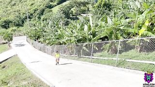 The girl was running and sweating when a guy started to lick her ass