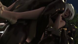 2B gets her pussy stretched by four huge slimy rods