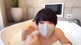 Japanese guy’s slippery handjob and intense action, oiled up for cum lube