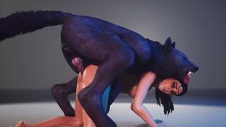 A hot chick is being fucked by a werewolf in 3D
