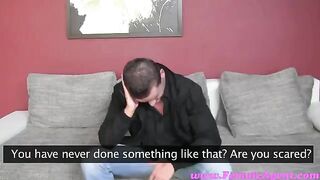 A cute girl fucks with a guy at the casting on the couch