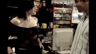 The beauty saleswoman has sex with a man right at her workplace