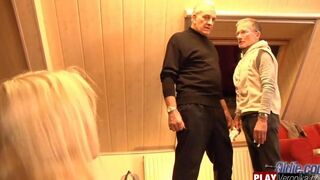 Bearded guy with gray hair fucks a young blonde with big tits