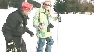 In the yard is winter, and she's getting a blowjob