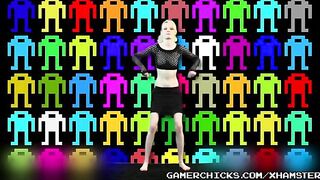 A sexy striptease of a blonde in front of a crowd of men