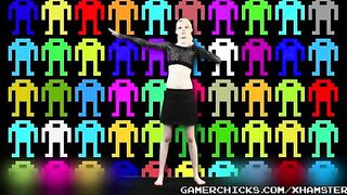 A sexy striptease of a blonde in front of a crowd of men