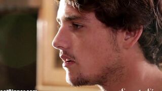 Brunette beauty makes a stunning blowjob straight from the bed
