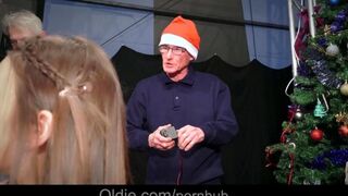 An aged pair got intimate with a busty Snow Maiden in a crowd