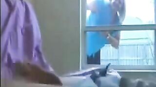 A woman spies on a guy jerking off in the ward and joins him