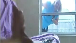 A woman spies on a guy jerking off in the ward and joins him