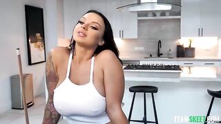 Shooting balls for big boob photos with a brunette twist