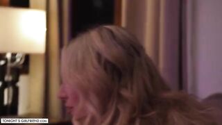 Busty blonde porn star Kayley Gunner in stockings gives foot job to a fan