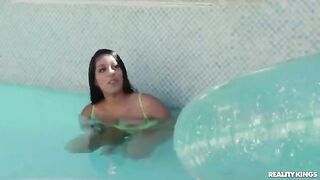 Babe has swimming lessons in the pool with a hot instructor