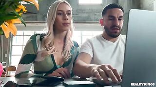 A girl is having fun with someone close to her husband on the couch