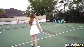 The cute girl is fucking with tennis coach on court