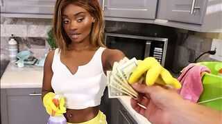 The black maid gets a messy cumshot on her face for money