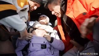 A snow angel got her pussy railed by two guys in a car