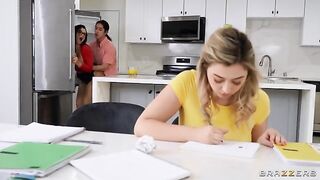 A man is having fun with his tutor and her big natural tits