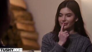 Two gorgeous babes, Talia and Stefany, enjoy intense anal threesome fun