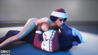 Busty beauty fucks with a werewolf in the Christmas atmosphere
