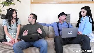 The daughters threw a party for their dad and his friends on the couch