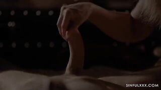 Girl gave a blowjob in an unusual pose, showcasing her flexibility