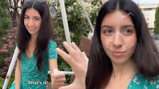 A girl has sex and she gets a cumshot on her face during a cumwalk
