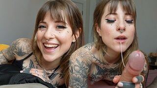 Petite tattooed girl demonstrates her unique oral talent in this steamy scene