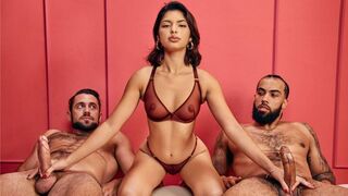 Guys fucked by two sexy brunettes in a steamy handjob scene