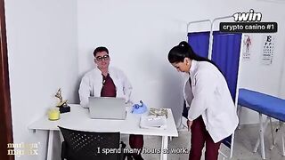 A gynecologist thoroughly examines a patient and performs a procedure in a steamy hospital encounter