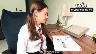 A schoolgirl is forced to do her homework by a guy in a roleplay scene