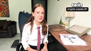 A schoolgirl is forced to do her homework by a guy in a roleplay scene