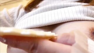 A Japanese woman has an orgasm and squirts with her huge boobs