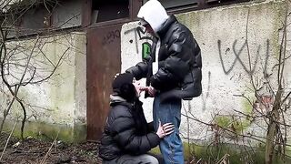 A passionate encounter in a public place ends with an intense finish
