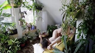 A loving couple has passionate sex right on their couch at home