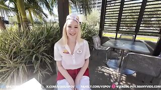 The girl has huge tits, she can barely walk on the street