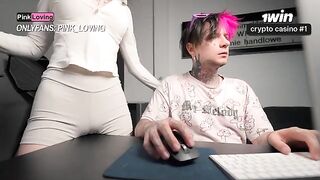 A girl rubs her pussy on the table and squirts
