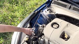 A girl came to visit, but the guy had to fix the car first