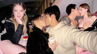 The couple has passionate sex in the backseat of their car
