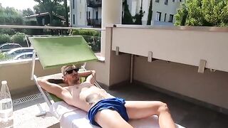 The beautiful Italian girl makes a blowjob on the balcony of the sea villa