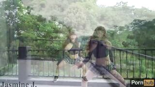 The cute Asian girl Jasmine J gets fucked by a machine on her balcony